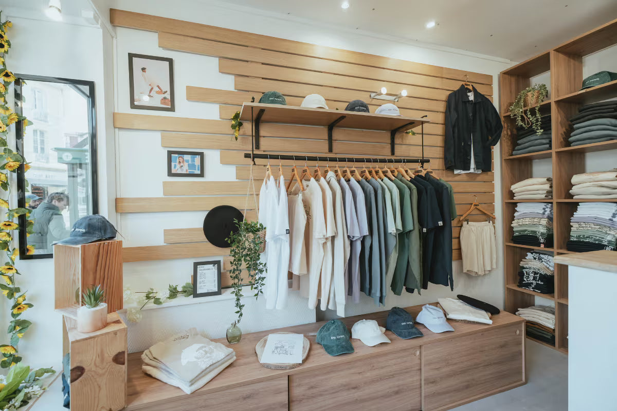 Portants de vêtements basques dans la boutique Katxi Klothing à Biarritz