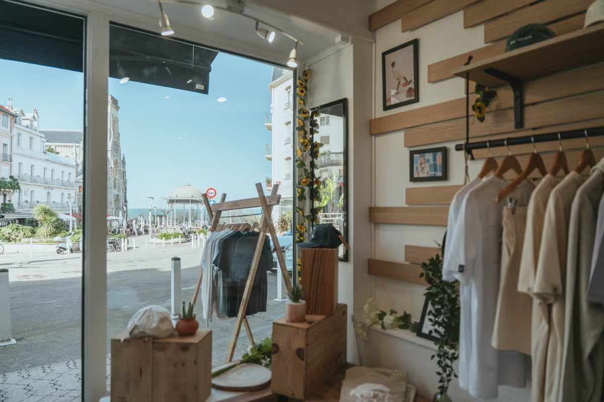 Intérieur du magasin de vêtements Katxi Klothing à Biarritz, ouvert sur la rue