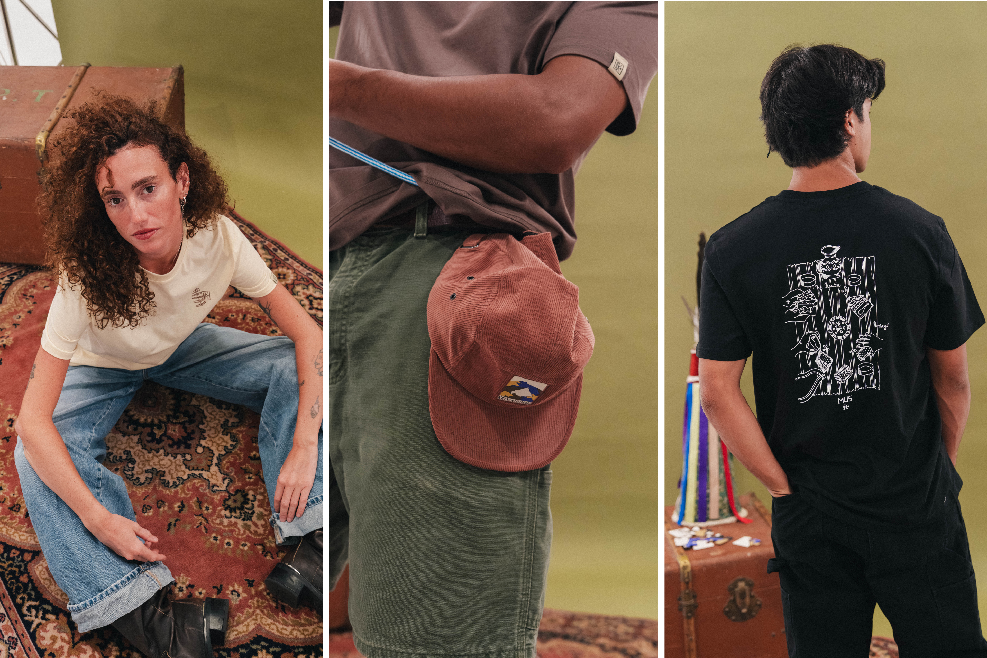 Trois visuels de la kollection Katxi Klothing : femme assise, casquette et dos de tee-shirt sérigraphié