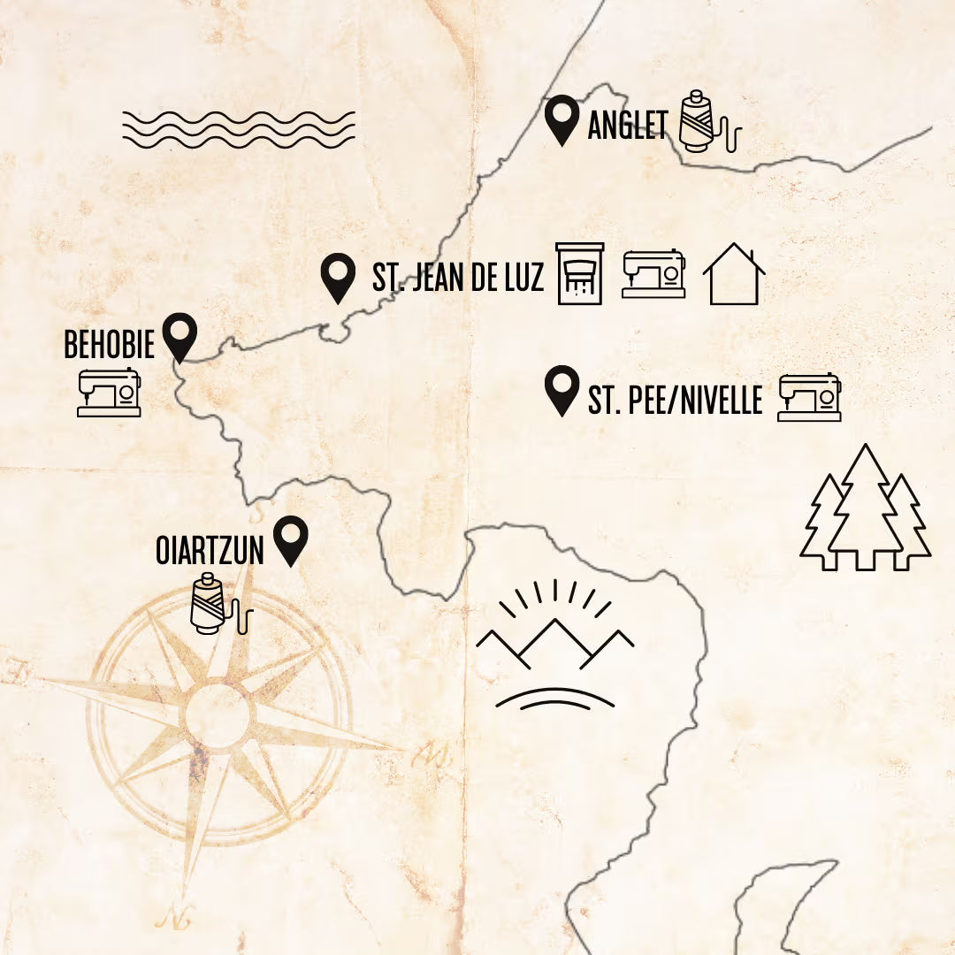 Carte des ateliers partenaires de Katxi Klothing au Pays basque : Anglet, Saint-Jean-de-Luz, Behobie, Saint-Pée-sur-Nivelle et Oiartzun