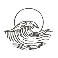 Illustration de la vague de Belharra au soleil levant – Katxi Klothing