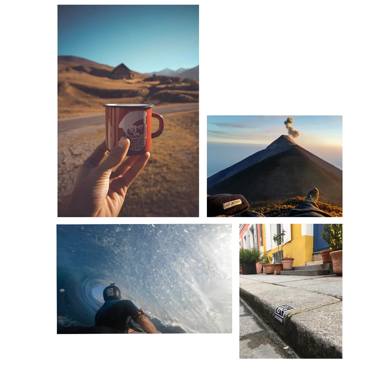 Photos de la kommunauté Katxi Klothing à travers le monde : mug en montagne, bonnet face à un volcan, surf et sticker en voyage